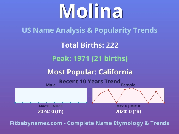Infographic: Molina name meaning, origin, and popularity trends in the United States (US baby name analysis chart)