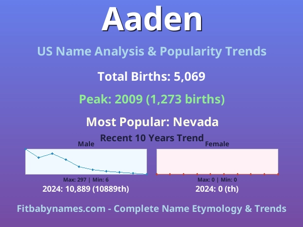 Infographic: Aaden name meaning, origin, and popularity trends in the United States (US baby name analysis chart)