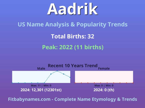 Infographic: Aadrik name meaning, origin, and popularity trends in the United States (US baby name analysis chart)