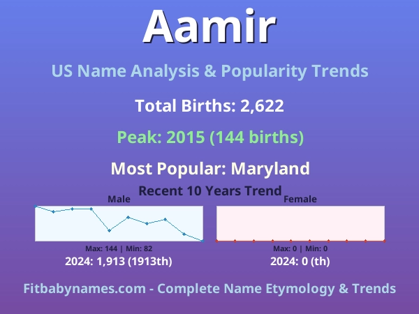 Infographic: Aamir name meaning, origin, and popularity trends in the United States (US baby name analysis chart)