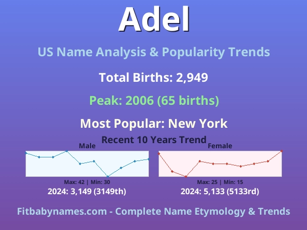 Infographic: Adel name meaning, origin, and popularity trends in the United States (US baby name analysis chart)