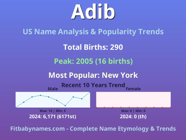 Infographic: Adib name meaning, origin, and popularity trends in the United States (US baby name analysis chart)