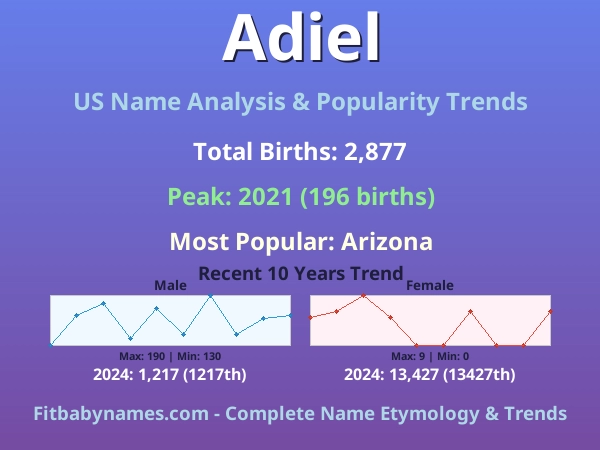 Infographic: Adiel name meaning, origin, and popularity trends in the United States (US baby name analysis chart)