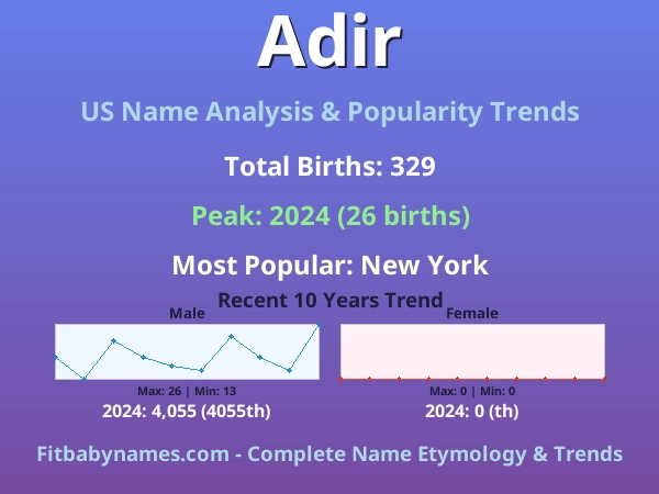 Infographic: Adir name meaning, origin, and popularity trends in the United States (US baby name analysis chart)