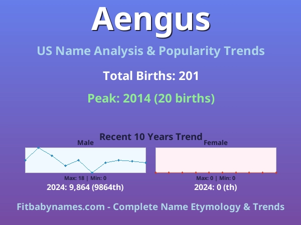 Infographic: Aengus name meaning, origin, and popularity trends in the United States (US baby name analysis chart)