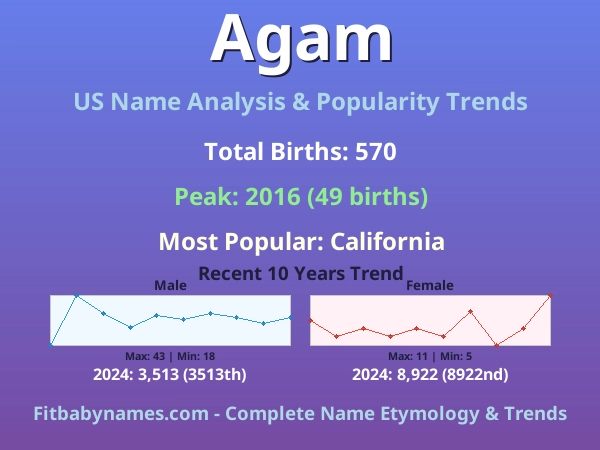 Infographic: Agam name meaning, origin, and popularity trends in the United States (US baby name analysis chart)