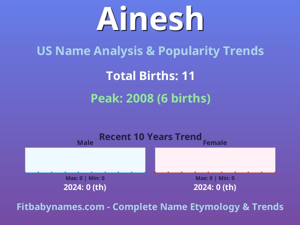 Infographic: Ainesh name meaning, origin, and popularity trends in the United States (US baby name analysis chart)