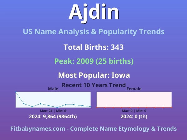 Infographic: Ajdin name meaning, origin, and popularity trends in the United States (US baby name analysis chart)