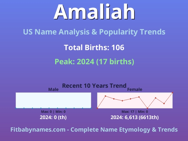 Infographic: Amaliah name meaning, origin, and popularity trends in the United States (US baby name analysis chart)