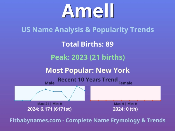 Infographic: Amell name meaning, origin, and popularity trends in the United States (US baby name analysis chart)