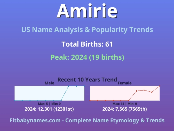 Infographic: Amirie name meaning, origin, and popularity trends in the United States (US baby name analysis chart)