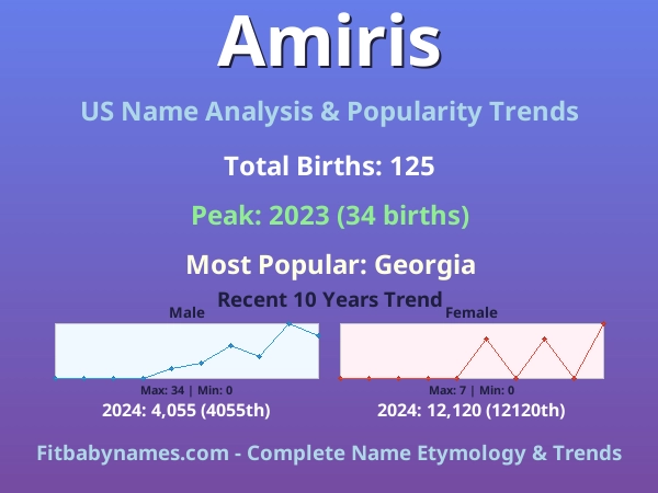 Infographic: Amiris name meaning, origin, and popularity trends in the United States (US baby name analysis chart)