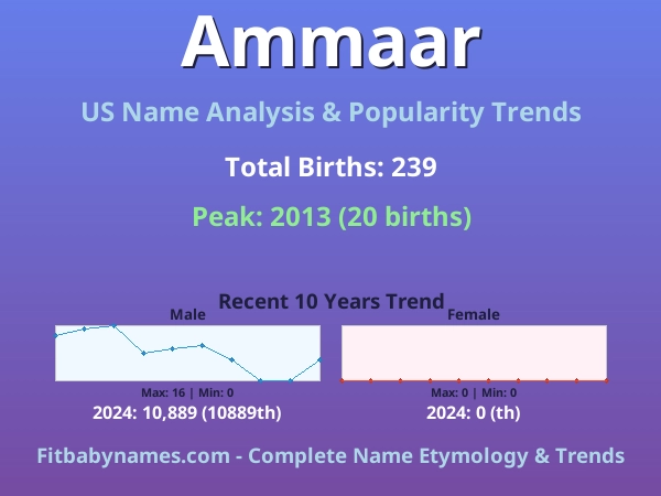 Infographic: Ammaar name meaning, origin, and popularity trends in the United States (US baby name analysis chart)