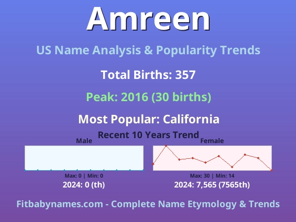 Infographic: Amreen name meaning, origin, and popularity trends in the United States (US baby name analysis chart)
