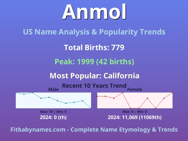 Infographic: Anmol name meaning, origin, and popularity trends in the United States (US baby name analysis chart)