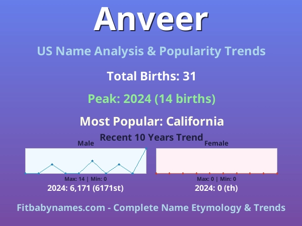 Infographic: Anveer name meaning, origin, and popularity trends in the United States (US baby name analysis chart)