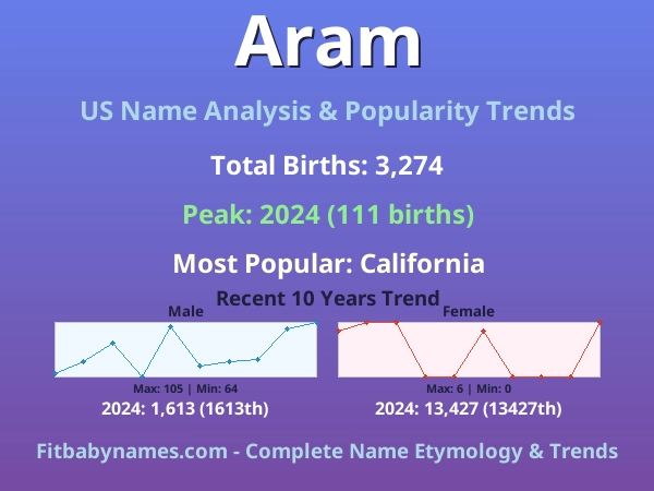 Infographic: Aram name meaning, origin, and popularity trends in the United States (US baby name analysis chart)