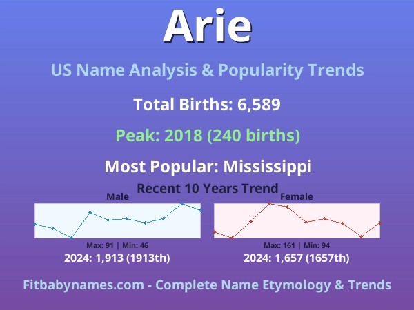 Infographic: Arie name meaning, origin, and popularity trends in the United States (US baby name analysis chart)