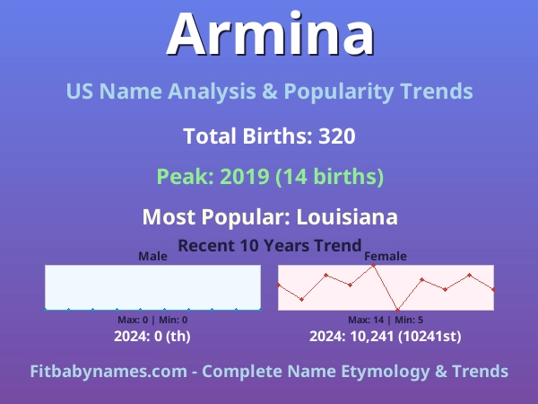 Infographic: Armina name meaning, origin, and popularity trends in the United States (US baby name analysis chart)