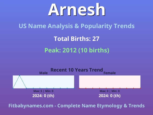 Infographic: Arnesh name meaning, origin, and popularity trends in the United States (US baby name analysis chart)