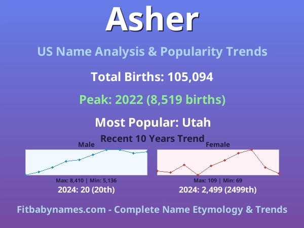 Infographic: Asher name meaning, origin, and popularity trends in the United States (US baby name analysis chart)