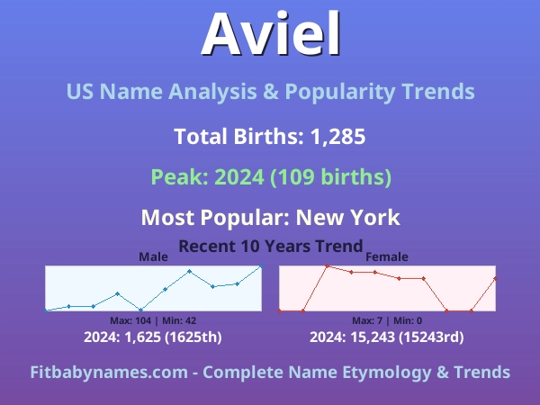 Infographic: Aviel name meaning, origin, and popularity trends in the United States (US baby name analysis chart)
