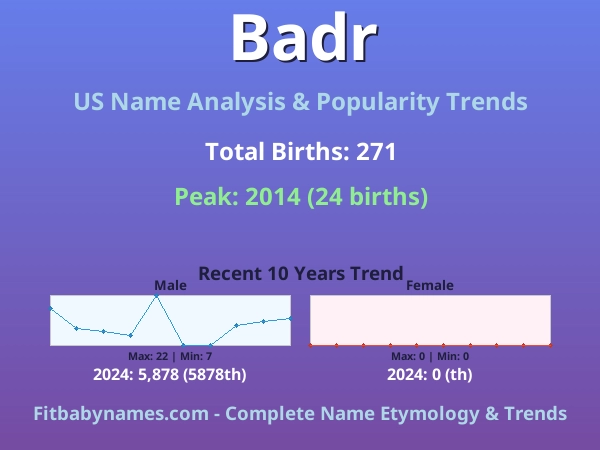 Infographic: Badr name meaning, origin, and popularity trends in the United States (US baby name analysis chart)