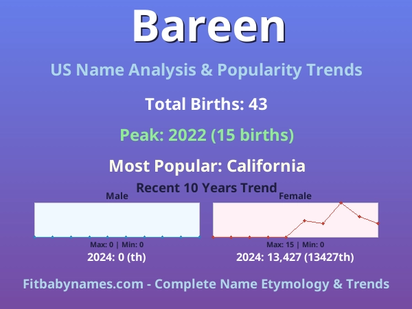 Infographic: Bareen name meaning, origin, and popularity trends in the United States (US baby name analysis chart)