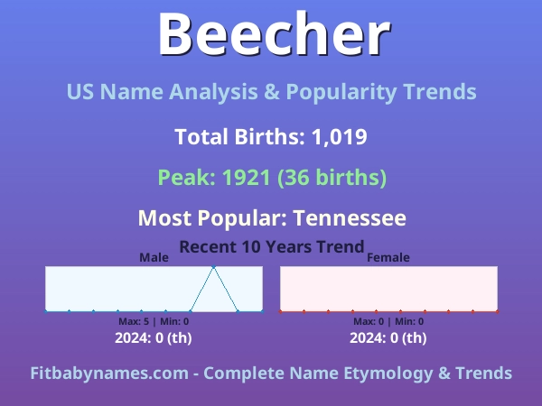 Infographic: Beecher name meaning, origin, and popularity trends in the United States (US baby name analysis chart)