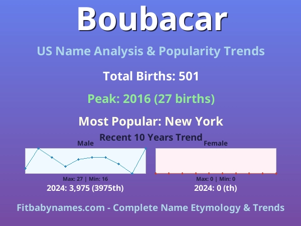 Infographic: Boubacar name meaning, origin, and popularity trends in the United States (US baby name analysis chart)