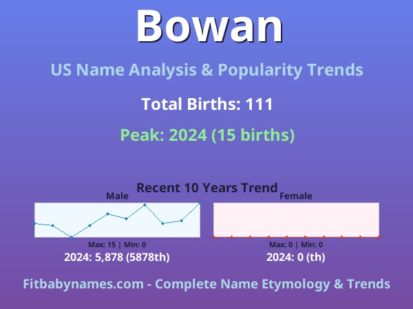 Infographic: Bowan name meaning, origin, and popularity trends in the United States (US baby name analysis chart)
