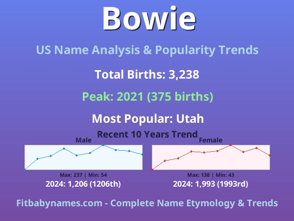 Infographic: Bowie name meaning, origin, and popularity trends in the United States (US baby name analysis chart)
