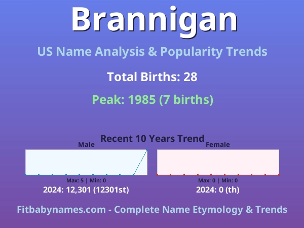 Infographic: Brannigan name meaning, origin, and popularity trends in the United States (US baby name analysis chart)
