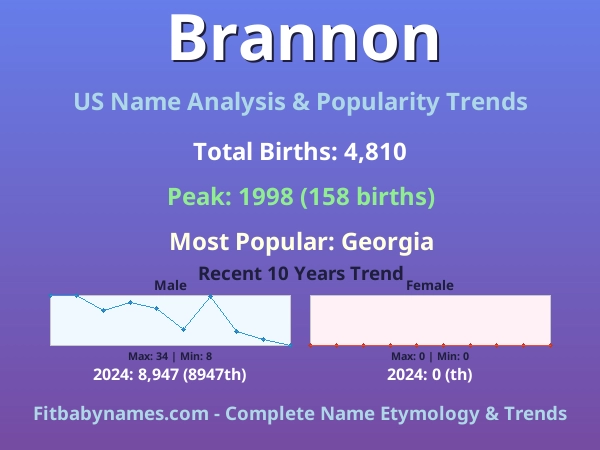 Infographic: Brannon name meaning, origin, and popularity trends in the United States (US baby name analysis chart)