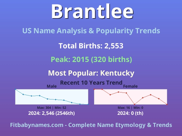 Infographic: Brantlee name meaning, origin, and popularity trends in the United States (US baby name analysis chart)
