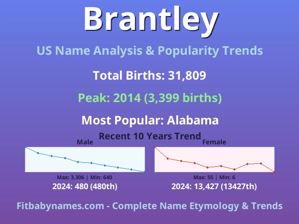 Infographic: Brantley name meaning, origin, and popularity trends in the United States (US baby name analysis chart)