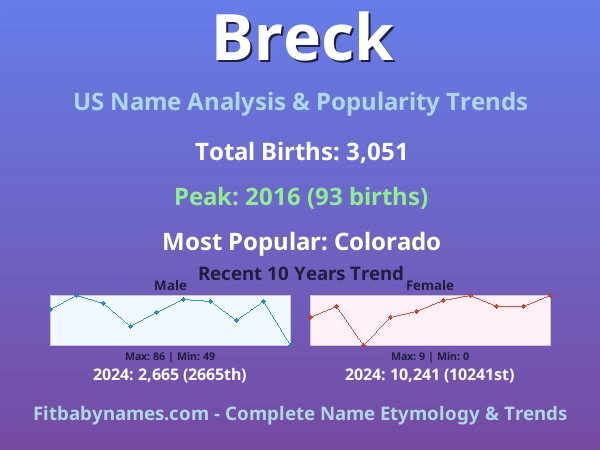 Infographic: Breck name meaning, origin, and popularity trends in the United States (US baby name analysis chart)