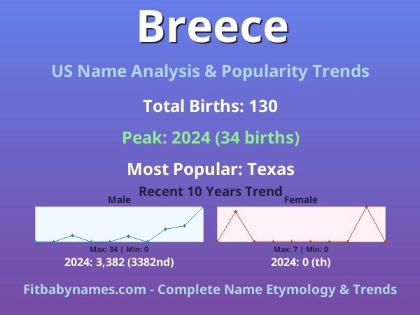 Infographic: Breece name meaning, origin, and popularity trends in the United States (US baby name analysis chart)