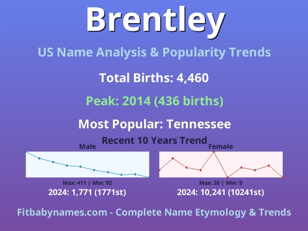 Infographic: Brentley name meaning, origin, and popularity trends in the United States (US baby name analysis chart)