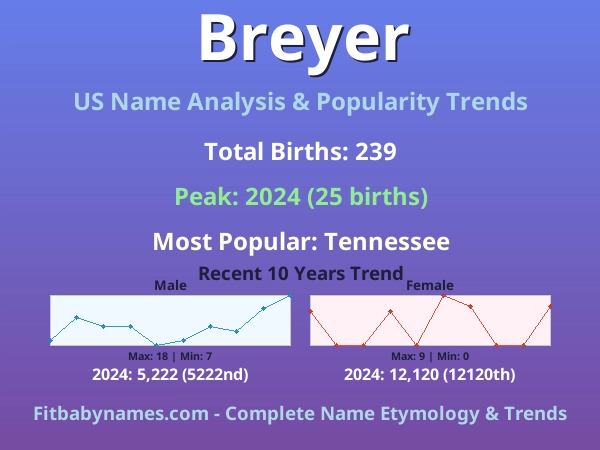 Infographic: Breyer name meaning, origin, and popularity trends in the United States (US baby name analysis chart)