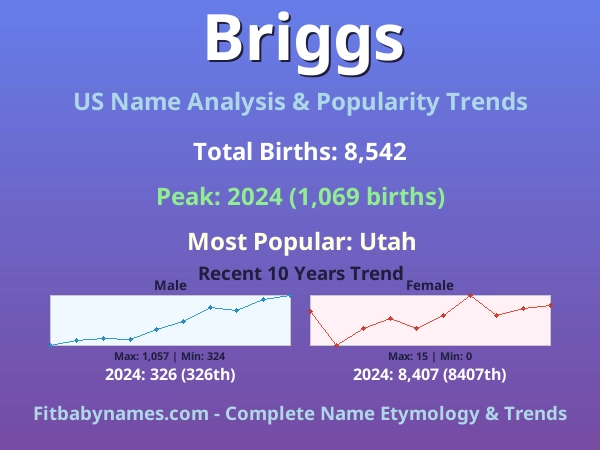 Infographic: Briggs name meaning, origin, and popularity trends in the United States (US baby name analysis chart)