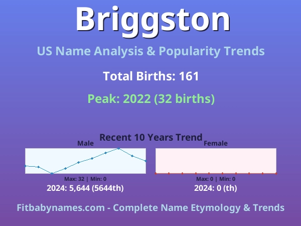 Infographic: Briggston name meaning, origin, and popularity trends in the United States (US baby name analysis chart)