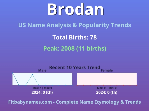 Infographic: Brodan name meaning, origin, and popularity trends in the United States (US baby name analysis chart)