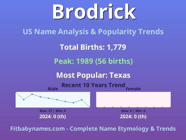 Infographic: Brodrick name meaning, origin, and popularity trends in the United States (US baby name analysis chart)
