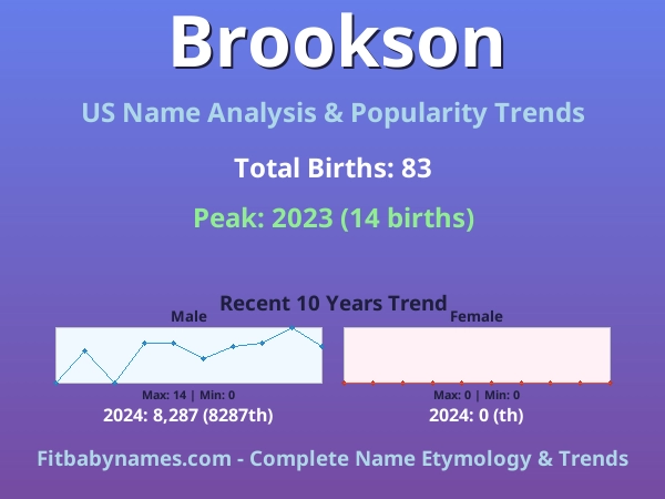 Infographic: Brookson name meaning, origin, and popularity trends in the United States (US baby name analysis chart)