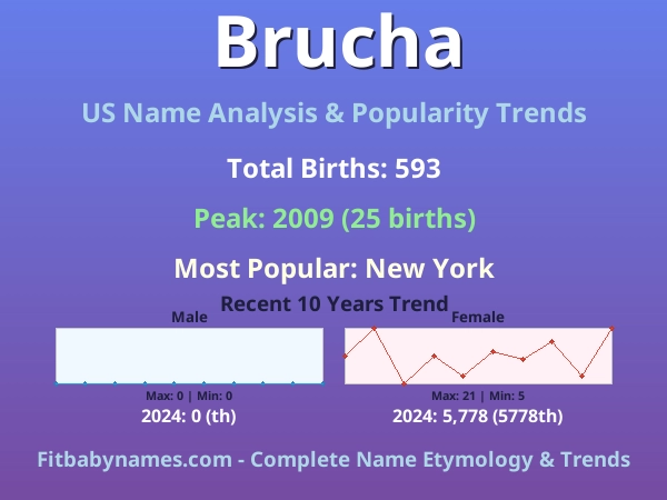 Infographic: Brucha name meaning, origin, and popularity trends in the United States (US baby name analysis chart)