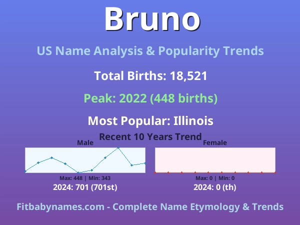 Infographic: Bruno name meaning, origin, and popularity trends in the United States (US baby name analysis chart)