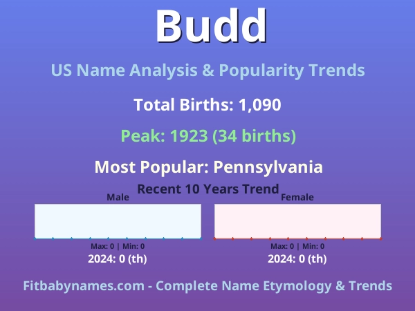 Infographic: Budd name meaning, origin, and popularity trends in the United States (US baby name analysis chart)