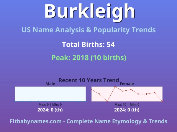 Infographic: Burkleigh name meaning, origin, and popularity trends in the United States (US baby name analysis chart)