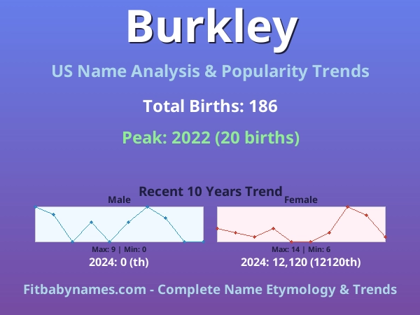 Infographic: Burkley name meaning, origin, and popularity trends in the United States (US baby name analysis chart)